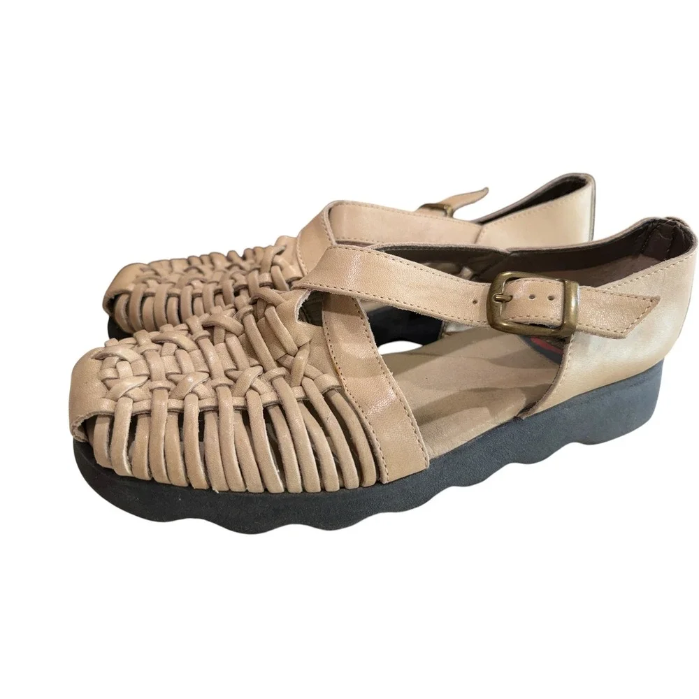 Aerosoles Vintage 90s Woven Leather Sandals Tan Beige Fisherman Flats Y2K 9